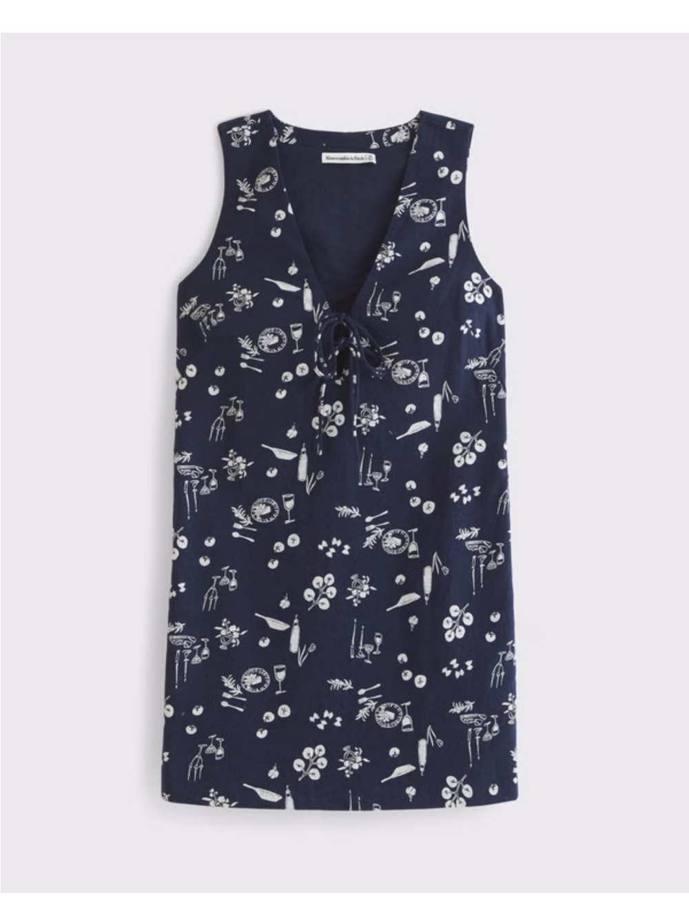 Navy Sleeveless Tie-Front Shift Dress with White Print